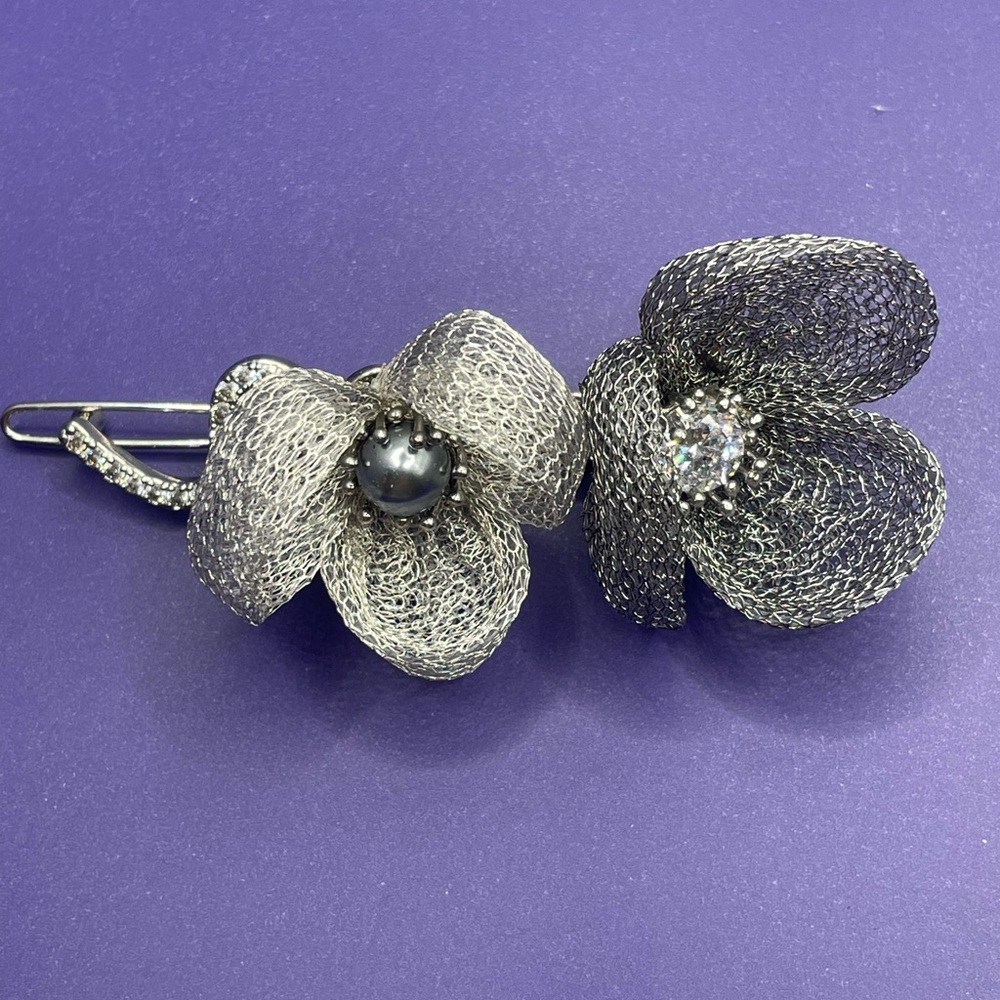 Silver Floral Mesh Hair Clip with Crystal Accent